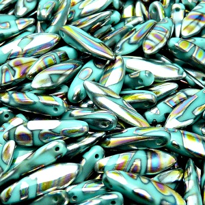 20ks České skleněné mačkané korálky jazýčky 5x16mm zelený tyrkys/ vitrail páv proužky maska oboustranná