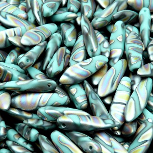 20ks České skleněné mačkané korálky jazýčky 5x16mm zelený tyrkys/ vitrail páv proužky mat maska oboustranná