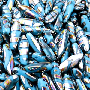 20ks České skleněné mačkané korálky jazýčky 5x16mm modrý tyrkys/ vitrail páv proužky maska oboustranná