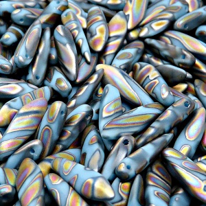 20ks České skleněné mačkané korálky jazýčky 5x16mm modrý tyrkys/ vitrail páv proužky mat maska oboustranná