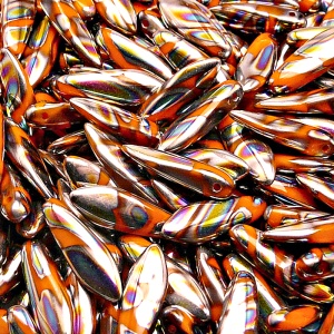 20ks České skleněné mačkané korálky jazýčky 5x16mm sytá oranžová/ vitrail páv proužky maska oboustranná