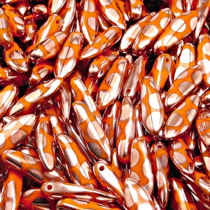 20ks České skleněné mačkané korálky jazýčky 5x16mm sytá oranžová/ gold capri puntíky maska oboustranná