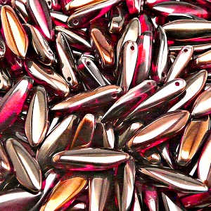 30ks České skleněné mačkané korálky jazýčky 5x16mm rubín/ valentinit polopokov