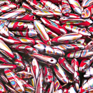 20ks České skleněné mačkané korálky jazýčky 5x16mm červený korál/ vitrail páv proužky maska oboustranná