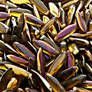 30ks České skleněné mačkané korálky jazýčky 5x16mm topas/ valentinit polopokov