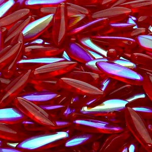 30ks České skleněné mačkané korálky jazýčky 5x16mm rubín/ AB polopokov