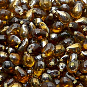 30ks České skleněné mačkané korálky kapky 6x9mm topas/ valentinit polopokov