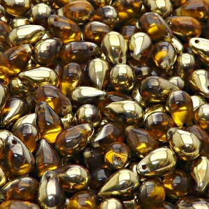 30ks České skleněné mačkané korálky kapky 6x9mm topas/ zlato polopokov