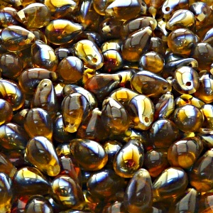 30ks České skleněné mačkané korálky kapky 6x9mm topas/ santander polopokov