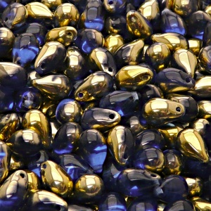 30ks České skleněné mačkané korálky kapky 6x9mm safír/ zlato polopokov