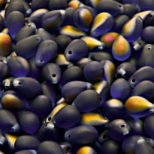 30ks České skleněné mačkané korálky kapky 6x9mm safír/ santander polopokovmat