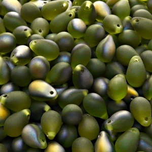 30ks České skleněné mačkané korálky kapky 6x9mm olivín/ santander polopokov mat