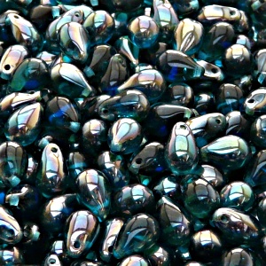 30ks České skleněné mačkané korálky kapky 6x9mm akva/ celsian polopokov