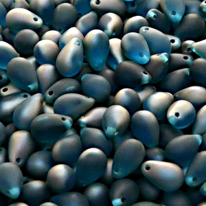 30ks České skleněné mačkané korálky kapky 6x9mm akva/ celsian polopokov mat