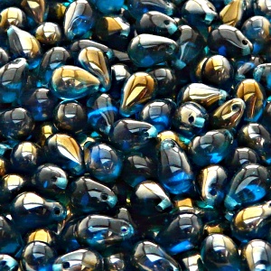 30ks České skleněné mačkané korálky kapky 6x9mm akva/ valentinit polopokov