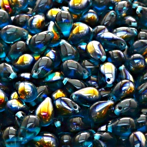 30ks České skleněné mačkané korálky kapky 6x9mm akva/ santander polopokov