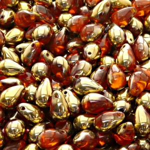 30ks České skleněné mačkané korálky kapky 6x9mm hyacint/ zlato polopokov