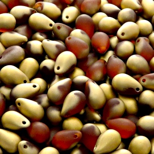 30ks České skleněné mačkané korálky kapky 6x9mm hyacint/ zlato polopokov mat