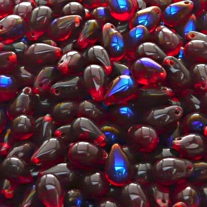 30ks České skleněné mačkané korálky kapky 6x9mm rubín/ azuro polopokov