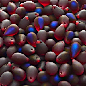 30ks České skleněné mačkané korálky kapky 6x9mm rubín/ azuro polopokov mat