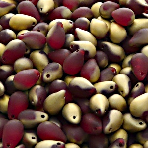 30ks České skleněné mačkané korálky kapky 6x9mm rubín/ zlato polopokov mat