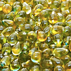 30ks České skleněné mačkané korálky kapky 6x9mm čirá/ oranžovo-azurový dvoubarevný stříkaný dekor