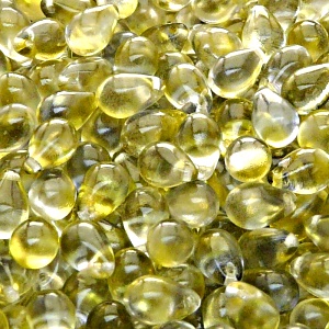 30ks České skleněné mačkané korálky kapky 6x9mm čirá/ žluto-modrý dvoubarevný stříkaný dekor