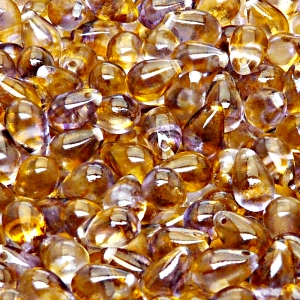 30ks České skleněné mačkané korálky kapky 6x9mm čirá/ oranžovo-fialový dvoubarevný stříkaný dekor