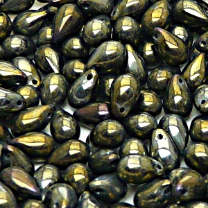 30ks České skleněné mačkané korálky kapky 6x9mm černá/ hnědý iris