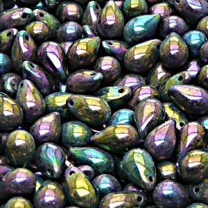 30ks České skleněné mačkané korálky kapky 6x9mm černá/ červený iris