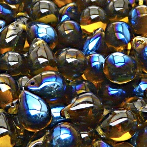 10ks České skleněné mačkané korálky kapky 10x14mm topas/ azuro polopokov