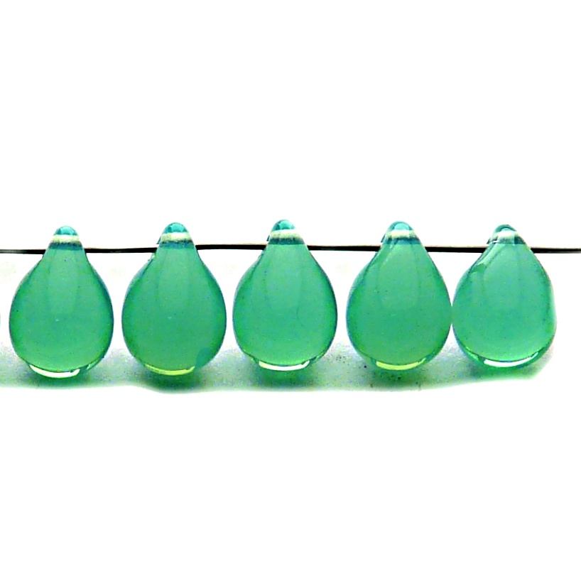10ks České skleněné mačkané korálky kapky 10x14mm zelený akva opál