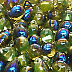 10ks České skleněné mačkané korálky kapky 10x14mm světle žlutá/ azuro polopokov
