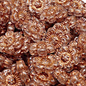 8ks České skleněné mačkané korálky kytičky ploché 14mm čirá/ bronzový zátěr