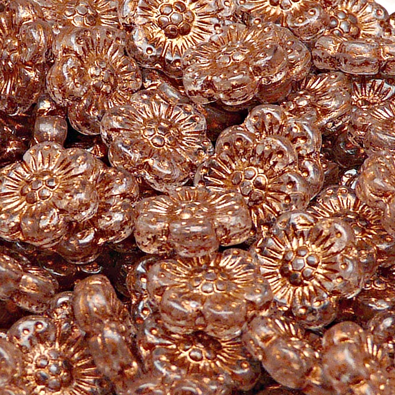 8ks České skleněné mačkané korálky kytičky ploché 14mm čirá/ bronzový zátěr