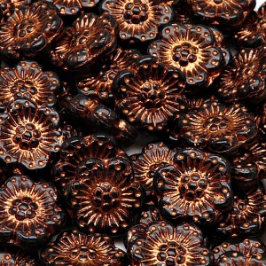 8ks České skleněné mačkané korálky kytičky ploché 14mm černá/ bronzový zátěr