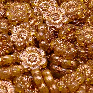 8ks České skleněné mačkané korálky kytičky ploché 14mm jantar/ bronzový zátěr