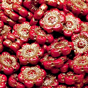 8ks České skleněné mačkané korálky kytičky ploché 14mm červený korál/ zlatý zátěr