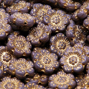 8ks České skleněné mačkané korálky kytičky ploché 14mm sytá fialová/ zlatý zátěr