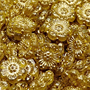 8ks České skleněné mačkané korálky kytičky ploché 14mm jantar/ zlatý zátěr