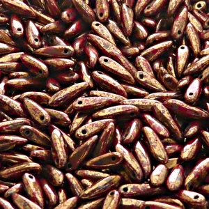 50ks České skleněné mačkané korálky jazýčky 3x11mm červený korál/ fialovo zlatý picasso listr